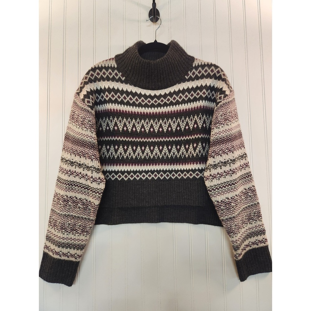NEW Cleo Wolf Womens Fair Isle Cropped Sweater Mock Neck Wool Blend Purple Med